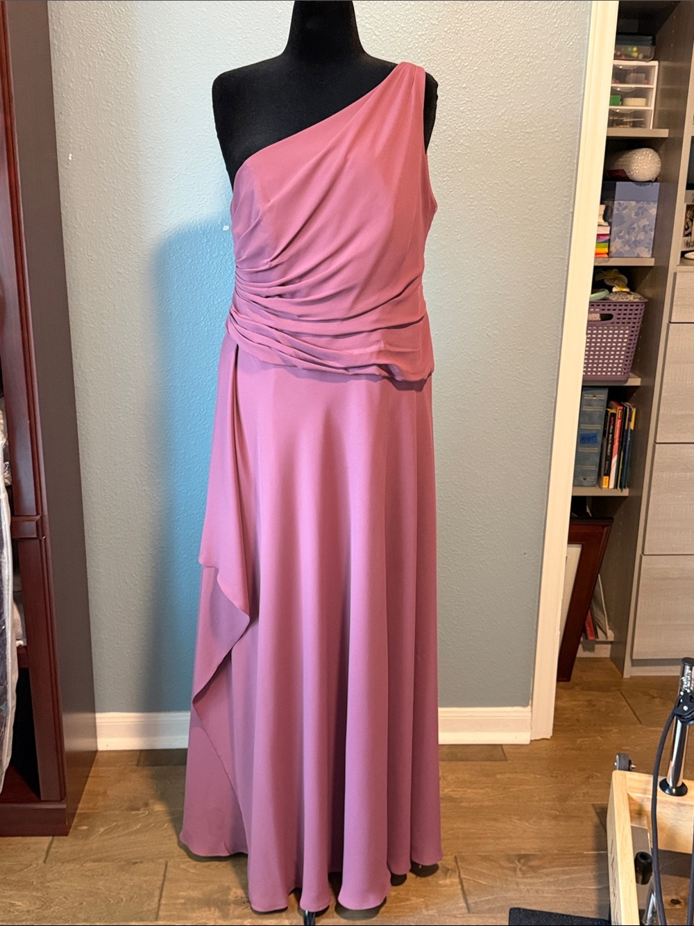 David's Bridal Dusty Rose One-Shoulder Gown